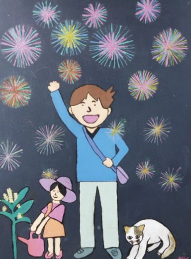 밤하늘 가득 터지는 불꽃 아래 손을 든 사람과 모자 쓴 아이, 흰 고양이가 함께 있는 그림