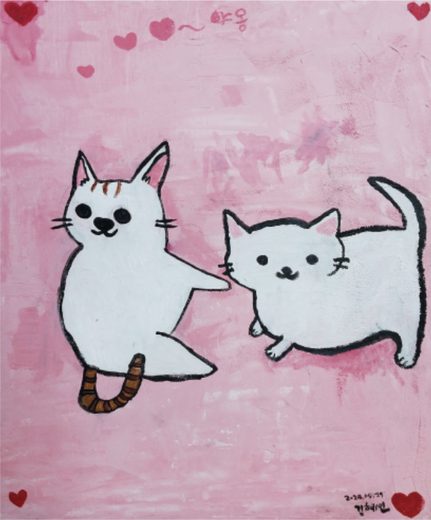 분홍 바탕에 하트가 떠 있고 흰 고양이 두 마리가 서로에게 손을 내미는 그림